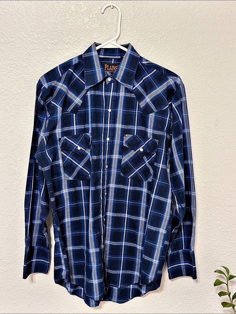 Plains Men'Small Plaid Snap Western Shirt Size Small